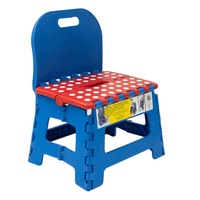 Scaun pentru copii care e pliabil , rosu si albastru cu buline albe si spatar,32x25x40 cm