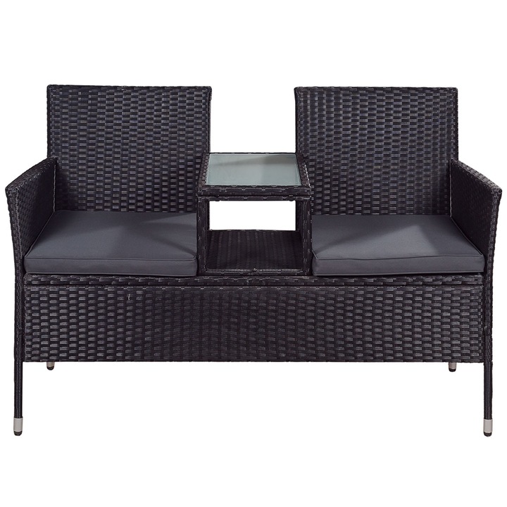 Mobilier de gradina din Polyrattan, 2 locuri cu perne, masuta de sticla securizata integrata, model Monaco, Gri