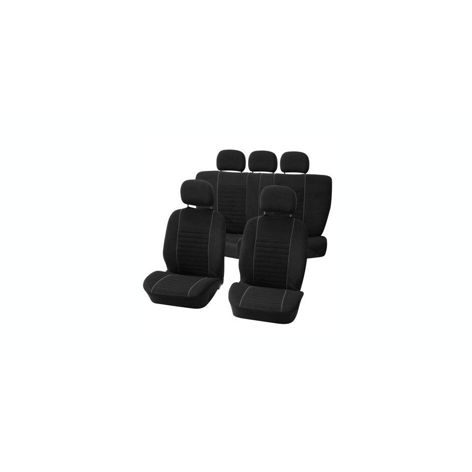 Huse auto , din material textil , cu 3 mm de spuma , 10 bucati , dedicate Dacia Logan , dupa anul 2013 , de culoare neagra cu dungi orizontale negre