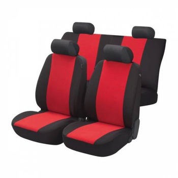 Huse auto , din material textil , cu 3 mm de spuma , 10 bucati , dedicate Dacia Logan , dupa anul 2013 , de culoare neagra pe laterale cu rosu pe mijloc Huse auto , din material textil , cu 3 mm de spuma , 10 bucati , dedicate Dacia Logan , dupa anul 2013 , de culoare neagra pe laterale cu rosu pe mijloc