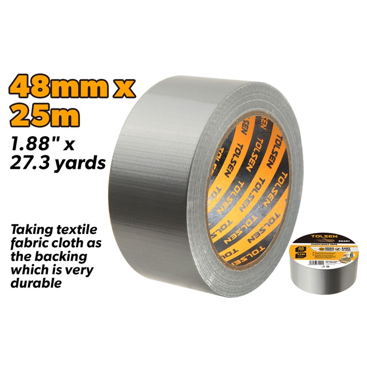 Banda adeziva din panza TOLSEN 48 mm x 25 m, material textil ranforsat 3M, culoare argintie, rezistenta la tractiune, usor de rupt manual, ideala pentru etansare si reparatii​ Surse