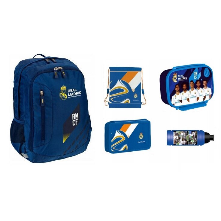 Set scolar, 5 elemente, rucsac Real Madrid, sticla de apa, cutie pentru mic dejun, geanta, penar, multicolor