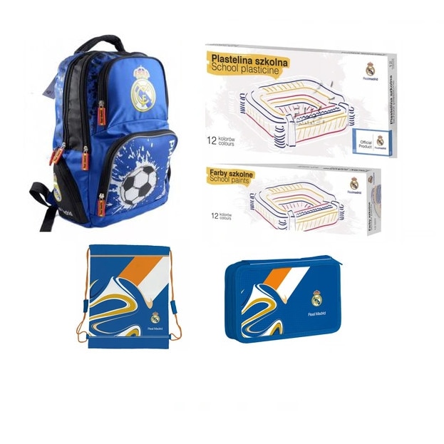 Set de scoala, rucsac Real Madrid, geanta, plastilina, vopsea, penar, multicolor