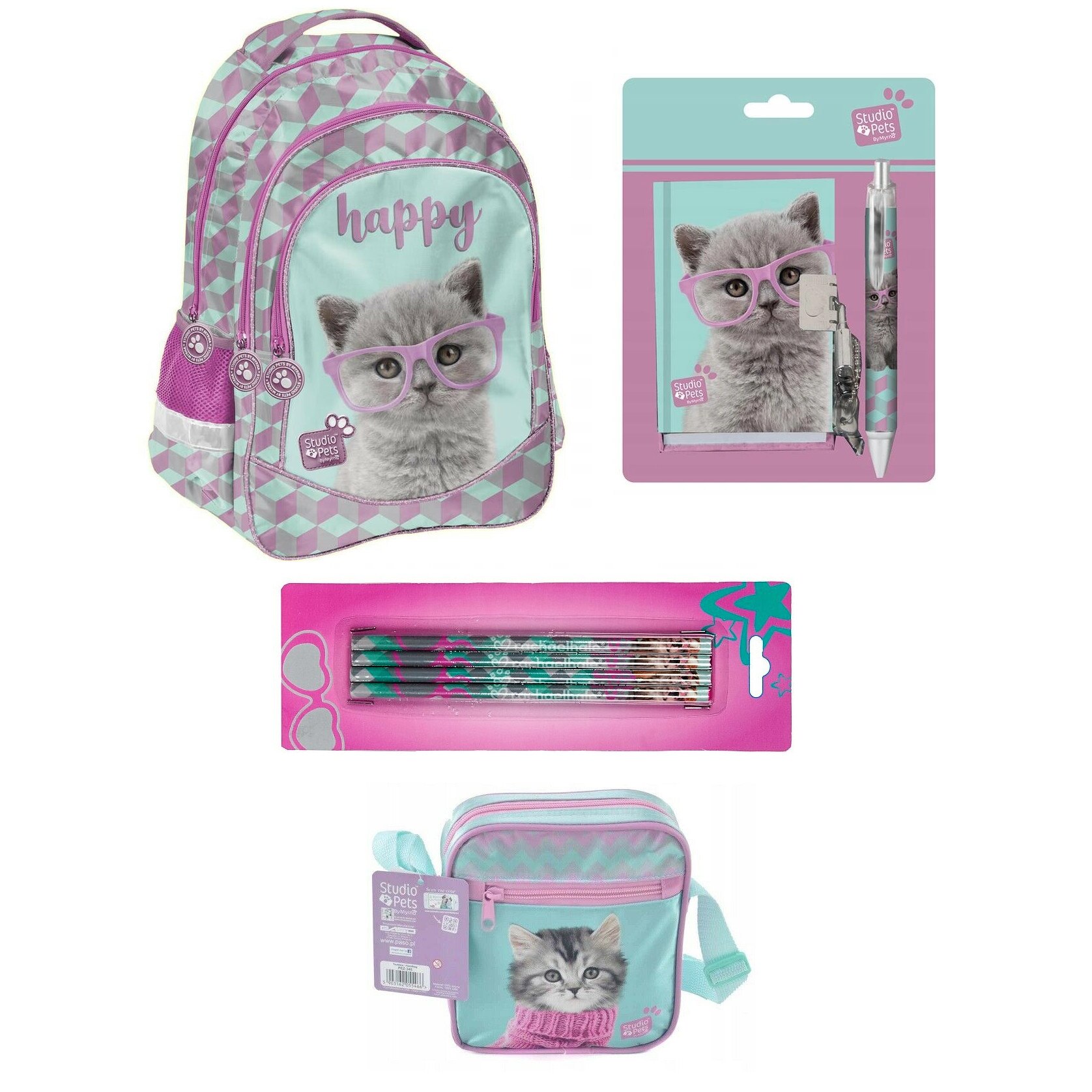 Set pentru scoala my little friend pisoi pisica, ruscac pentru scoala, sac incaltaminte, creioane, caiet de notite si pix