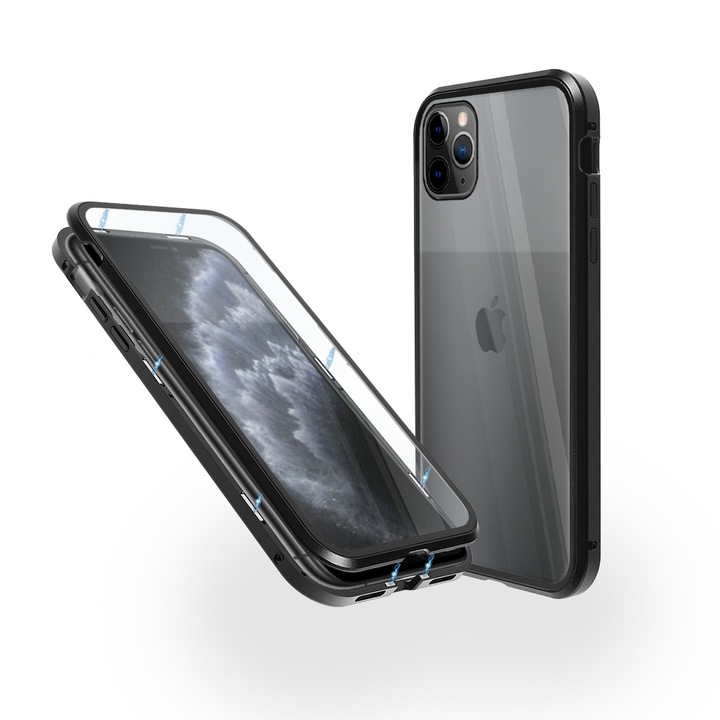 Алуминиев 360-градусов кейс Fashion Case за iPhone 11 Pro, Магнитен, 2 Стъкла, Черен