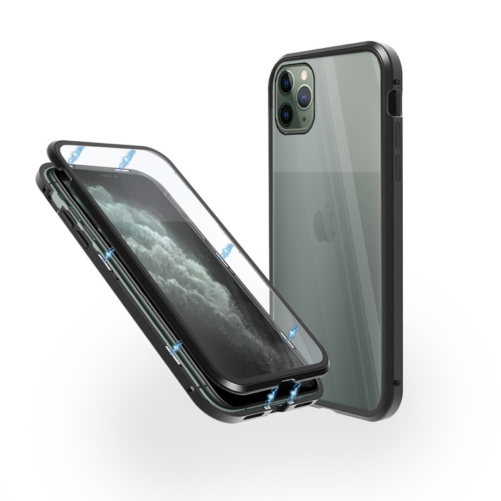 Алуминиев 360-градусов кейс Fashion Case за iPhone 11 Pro Max, Магнитен, 2 Стъкла, Черен