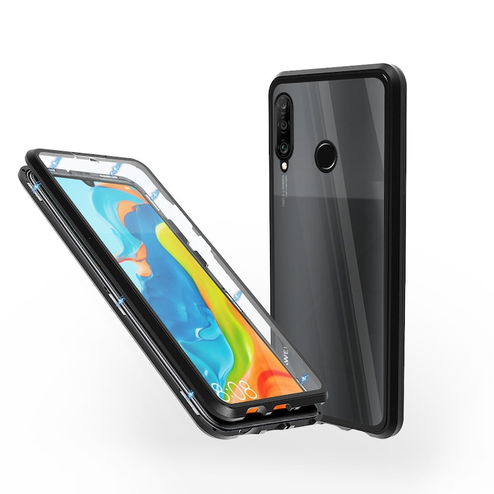 Магнитен 360° Kейс Fashion Case за Huawei P30 Lite, Стъкло отпред и отзад, 2 Стъкла, Черен