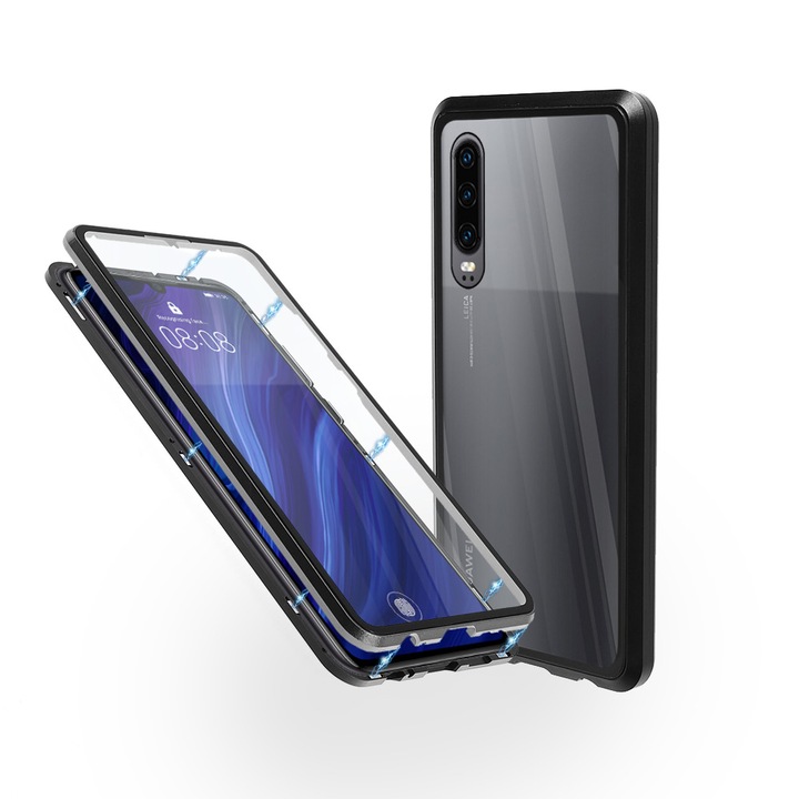 Магнитен 360° Kейс Fashion Case за Huawei P30, Стъкло отпред и отзад, 2 Стъкла, Черен