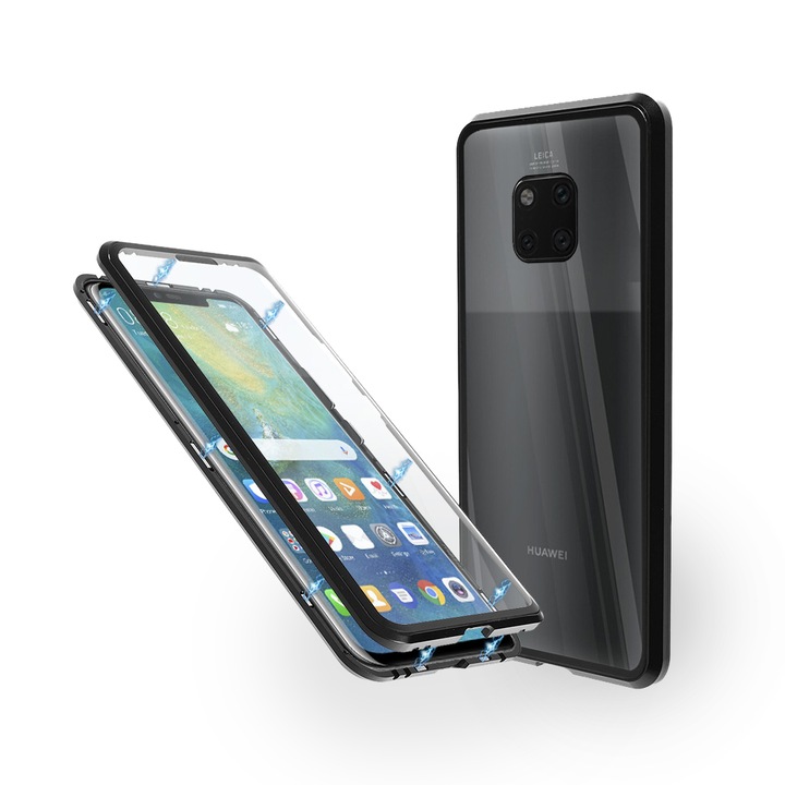 Магнитен 360° Kейс Fashion Case за Huawei Mate 20 Pro, Стъкло отпред и отзад, 2 Стъкла, Черен