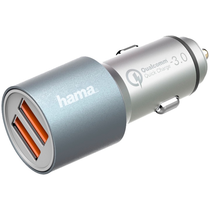 Зарядно устройство за автомобил USB Hama Qualcomm Quick Charge 3.0, 2x USB, Сребрист