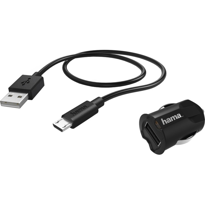 Комплект зарядно устройство за автомобил Hama, Мicro-USB, 2.4 A, 12 - 24 V, Черен