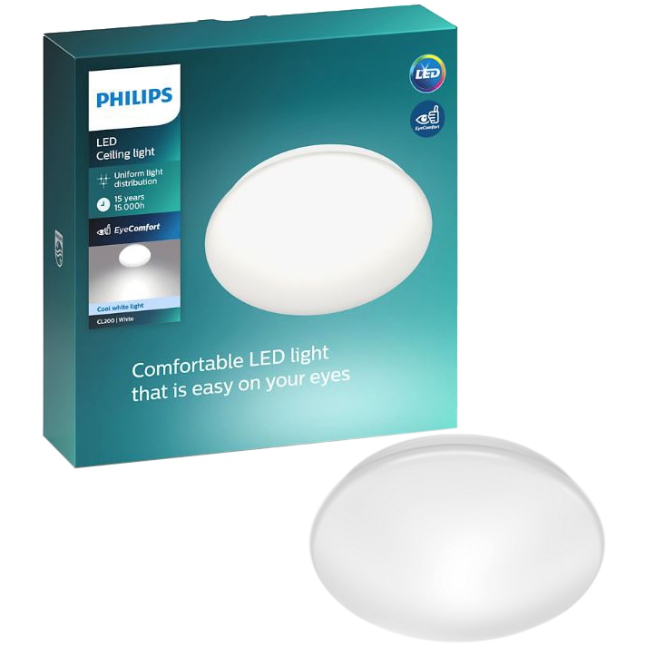 Plafoniera LED integrat Philips CL200, 10W, 1100 lm, A+, IP20, lumina alba rece, 25 cm, clasa energetica E