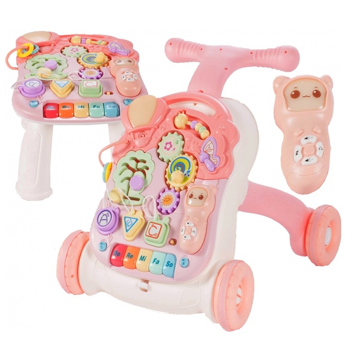 5 в 1 Interactive Prewalker SWING GO BABY, Размери 44.0 x 42.0 x 40.0 cm, Занимания на английски език, Подпомага езиковото и сензорно развитие Розов