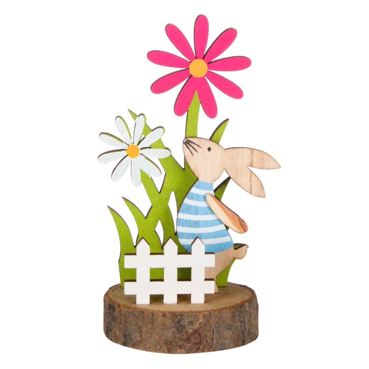 Figurina de Paste, model iepure cu flori, 14 cm, lemn