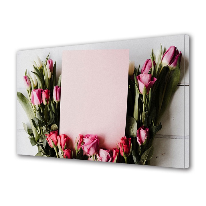 Tablou Canvas Luminos in intuneric VarioView LED, Vday, Lalele langa scrisoare roz, 30 x 45 cm