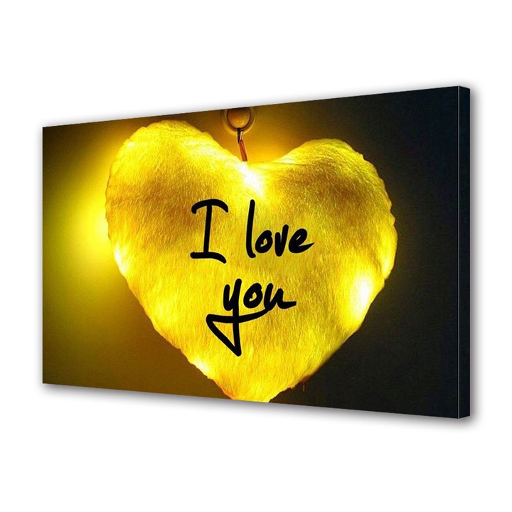 Tablou Canvas Luminos in intuneric VarioView LED, Vday, Inima galbena cu text, 70 x 100 cm