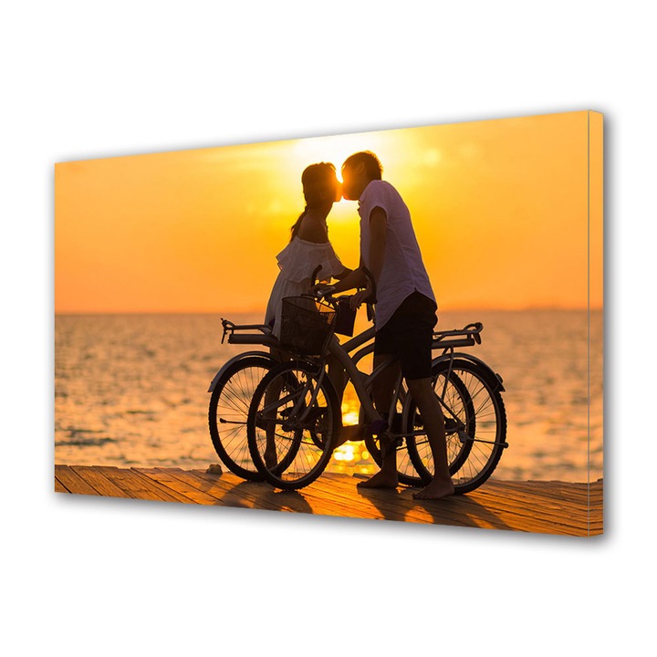 Tablou Canvas Luminos in intuneric VarioView LED, Vday, Sarutul langa biciclete, 70 x 100 cm