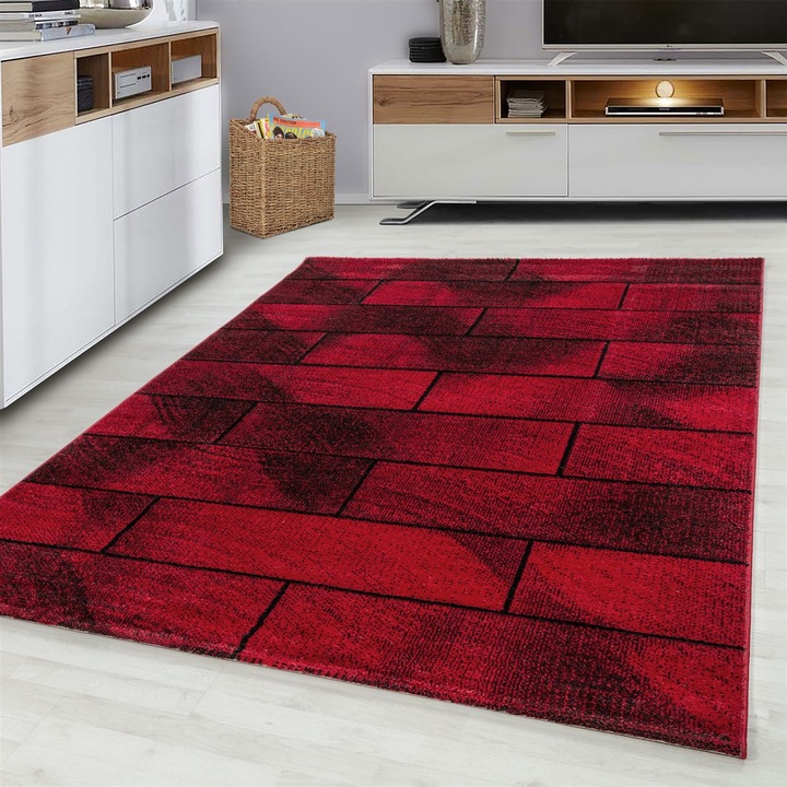 Covor, Ayyildiz, Beta, 120x170 cm, Polipropilena, Modern, 2200 g/m², Dreptunghiular, Spate Din Juta Naturala, Fibra 100% PP Frise, Oeko-Tex Standard 100, Cu Par Scurt, Pentru Interior, Rosu/Negru