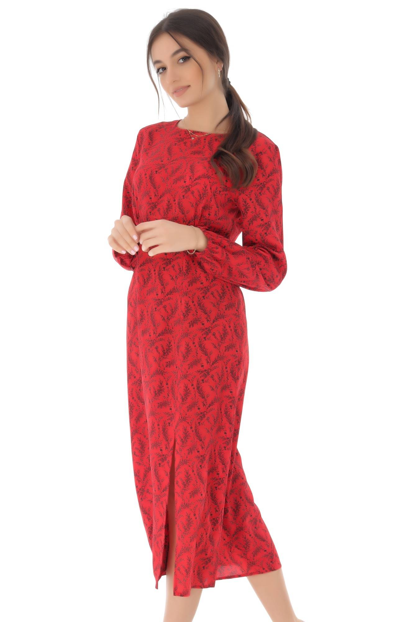 Rochie rosie, ROH, cu imprimeu floral - DR4055, 42