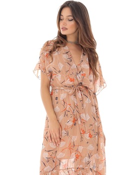 Rochie peach, ROH, din voal imprimat - DR3914 Rochie peach, ROH, din voal imprimat - DR3914