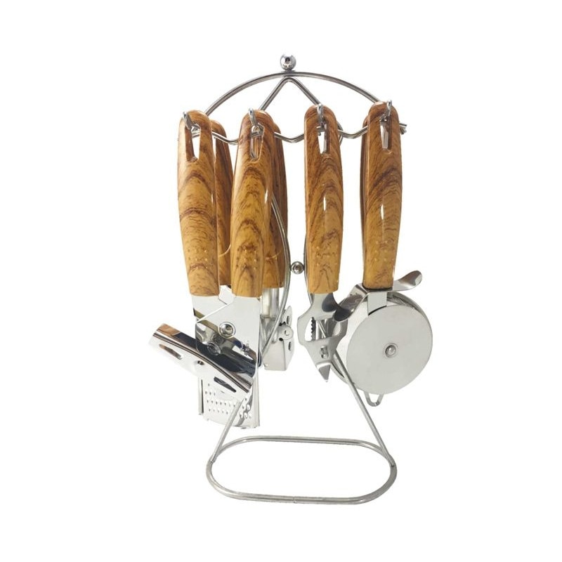 Set 7 ustensile de bucatarie cu suport Elekom, Inox/Plastic, Argintiu/Maro