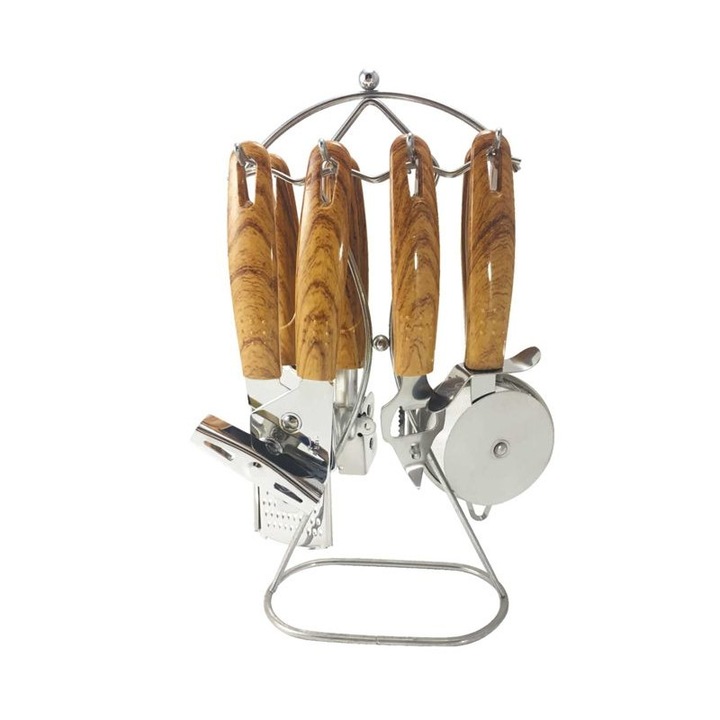 Комплект кухненски прибори на стойка Елеком ЕК-6670В, висококачестена неръждаема стомана 18/10, удобна дръжка, комплектът съдържа 8 части