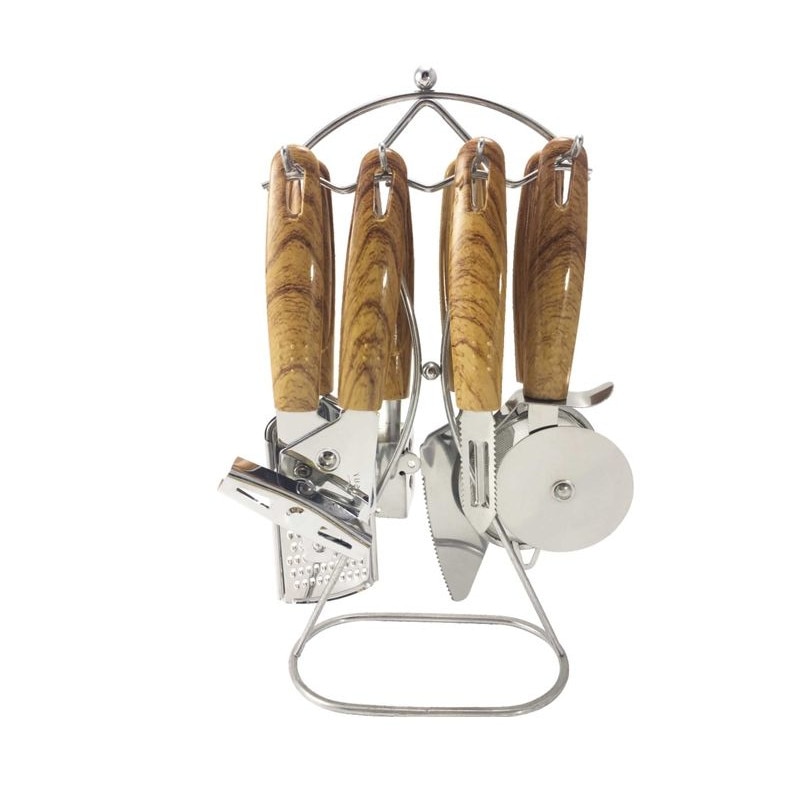 Set 7 ustensile de bucatarie cu suport Elekom, Inox, Argintiu/Maro