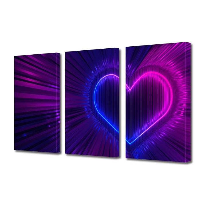 Set Tablouri Multicanvas 3 piese Colectia Ziua Indragostitilor, Dragobete, Valentine's Day, Inima in mov si albastru, Decoratiuni Moderne pentru Casa, 3 x 50 x 70 cm