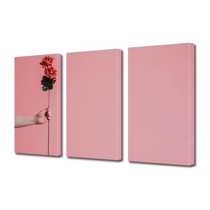 Set Tablouri Multicanvas 3 piese Colectia Ziua Indragostitilor, Dragobete, Valentine's Day, Floare roz tinuta in mana, Decoratiuni Moderne pentru Casa, 3 x 40 x 60 cm