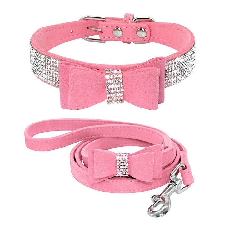 set lesa si zgarda reglabila cu pietricele semipretioase si fundita din piele pentru cainicatei pisici ori alte animale de companie - roz s imagen 30_0_
6