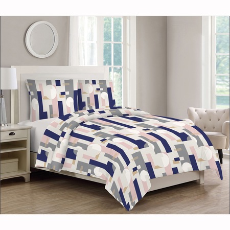 Lenjerie de pat 4 piese Kring Bauhaus, pentru 2 persoane, 144 TC, bumbac 100%, Gri/Albastru/Roz