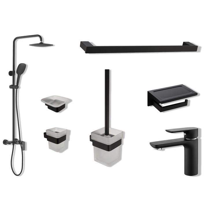 Комплект аксесоари за баня + кран за мивка + душ колона HUIDA BLACK