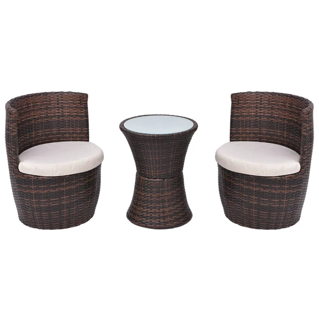 Set mobilier de gradina 3 piese, vidaXL, Maro, Ratan, 49,5 x 52 x 69 cm