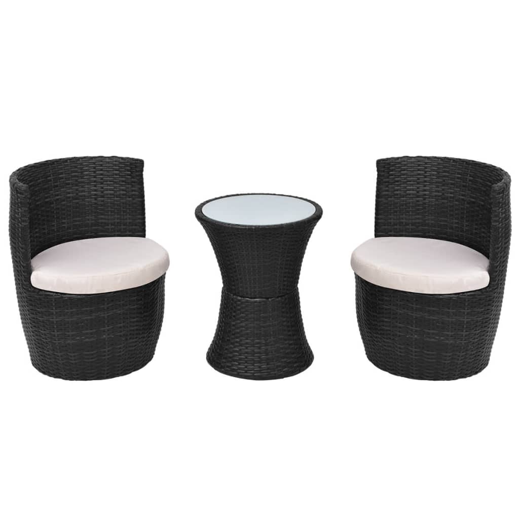 Set mobilier de gradina 3 piese, vidaXL, Negru, Ratan, 49,5 x 52 x 69 cm