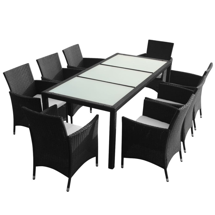 Set mobilier de exterior cu perne vidaXL, 9 piese, negru, poliratan, 82.72 kg