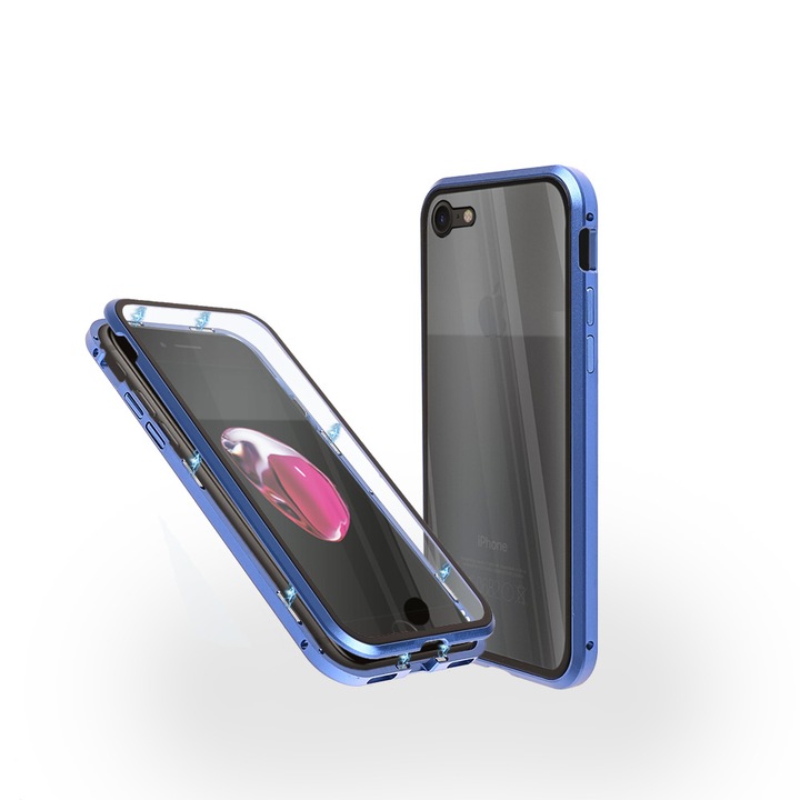 Магнитен 360° Кейс LUPHIE за iPhone 7/8, Предно и Задно Стъкло, Син