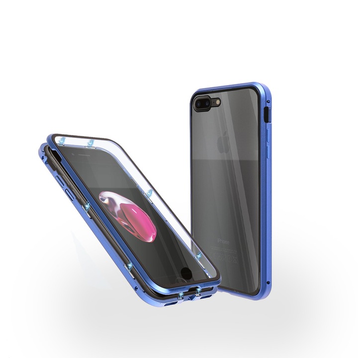 Магнитен 360° Кейс LUPHIE за iPhone 8 Plus, Предно и Задно Стъкло, Син