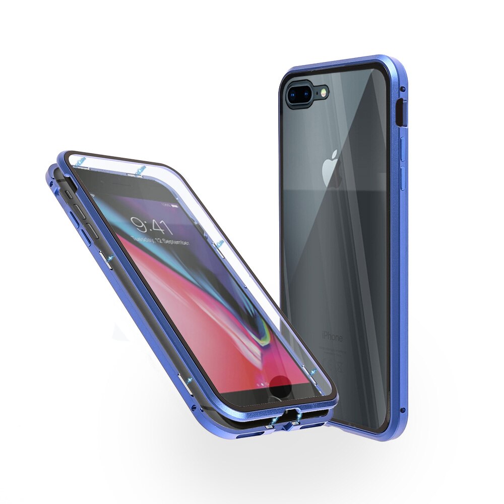 Carcasa magnetica pentru iPhone 8 Plus, Sticla, 360 °, Albastru