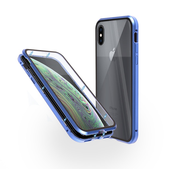 Алуминиев 360-градусов кейс Fashion Case за iPhone XS Max, Магнитен, 2 Стъкла, Син
