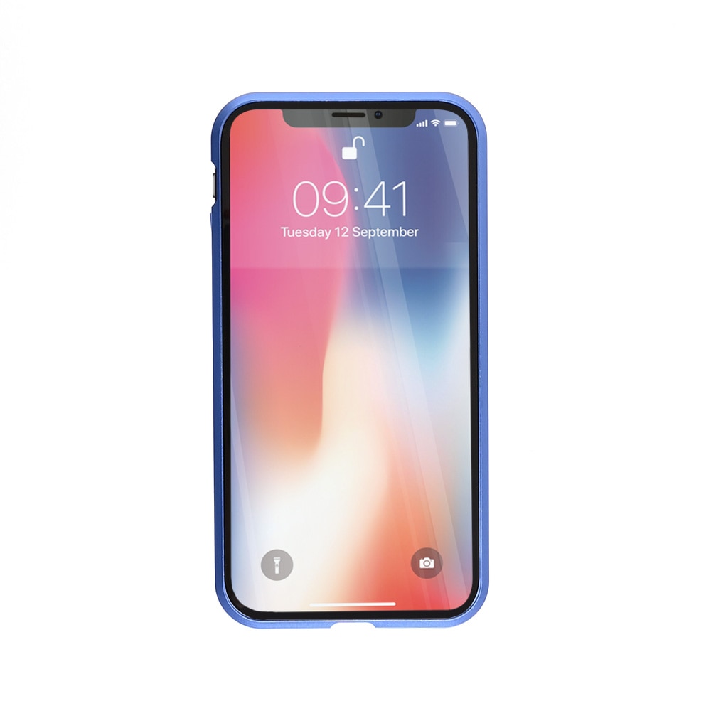 Husa magnetica 360° pentru iPhone XS, Fashion Case, Aluminiu/Sticla, Albastru