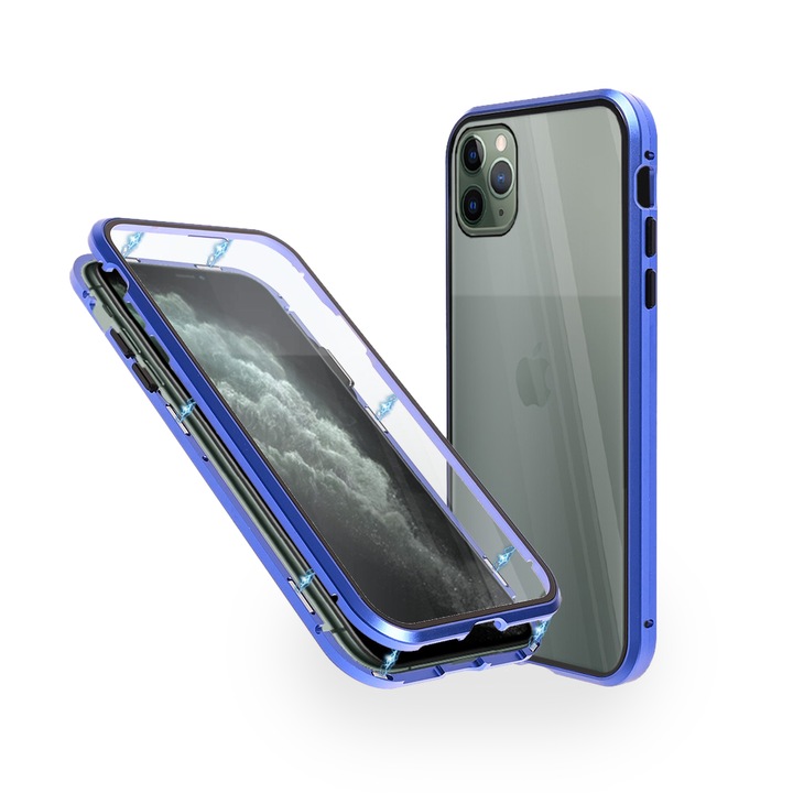 Алуминиев 360-градусов кейс Fashion Case за iPhone 11 Pro Max, Магнитен, 2 Стъкла, Син