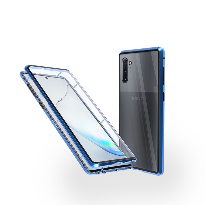 Магнитен 360° Kейс Fashion Case за Samsung Note 10, Стъкло отпред и отзад, 2 Стъкла, Син