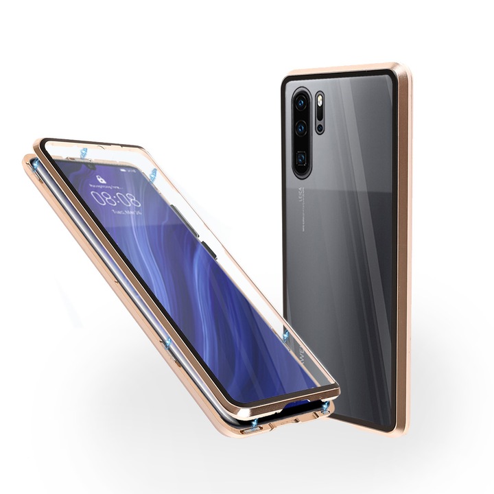 Магнитен 360° Калъф за Huawei P10 Pro от две алуминиеви части със стъкло отпред и отзад, Златист