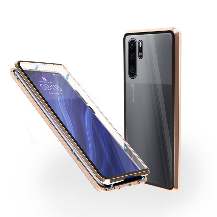 Магнитен 360° Kейс Fashion Case за Huawei P30 Pro, Стъкло отпред и отзад, 2 Стъкла, Златист