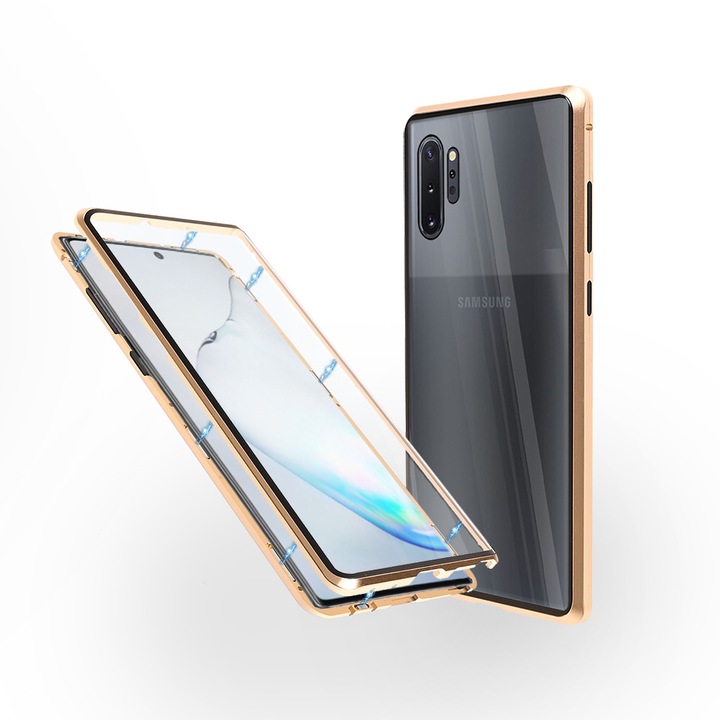 Алуминиев 360° калъф за Samsung Galaxy Note 10 Plus от две части със стъкло отпред и отзад, Магнитен, Златист