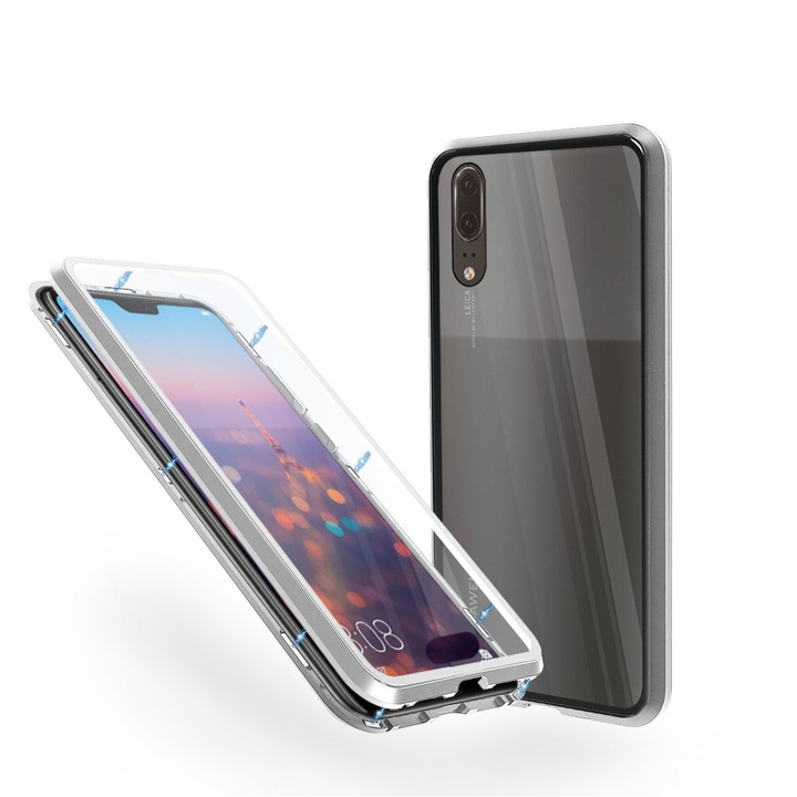 Магнитен 360° Kейс Fashion Case за Huawei P20, Стъкло отпред и отзад, 2 Стъкла, Сребрист
