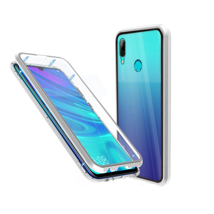 Алуминиев 360-градусов кейс Fashion Case за Huawei P Smart (2019), Магнитен, 2 Стъкла, Сребрист