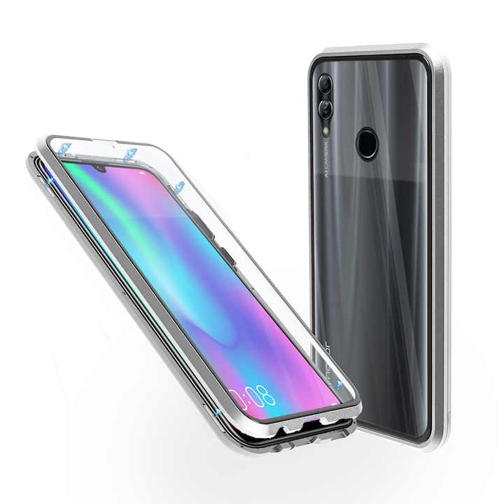 Alumínium 360°-os tok Huawei Honor 10 Lite telefonhoz Kétrészes elő- és hátlap üveggel, mágneses, ezüst