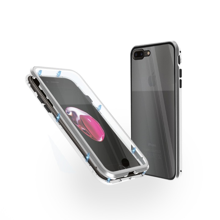 Магнитен 360° Kейс Fashion Case за iPhone 7 Plus, Стъкло отпред и отзад, 2 Стъкла, Сребрист