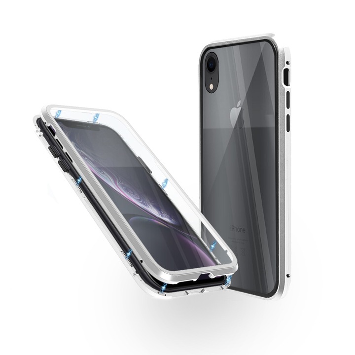 Магнитен Кейс за iPhone XR с предно и задно стъкло, Сребрист
